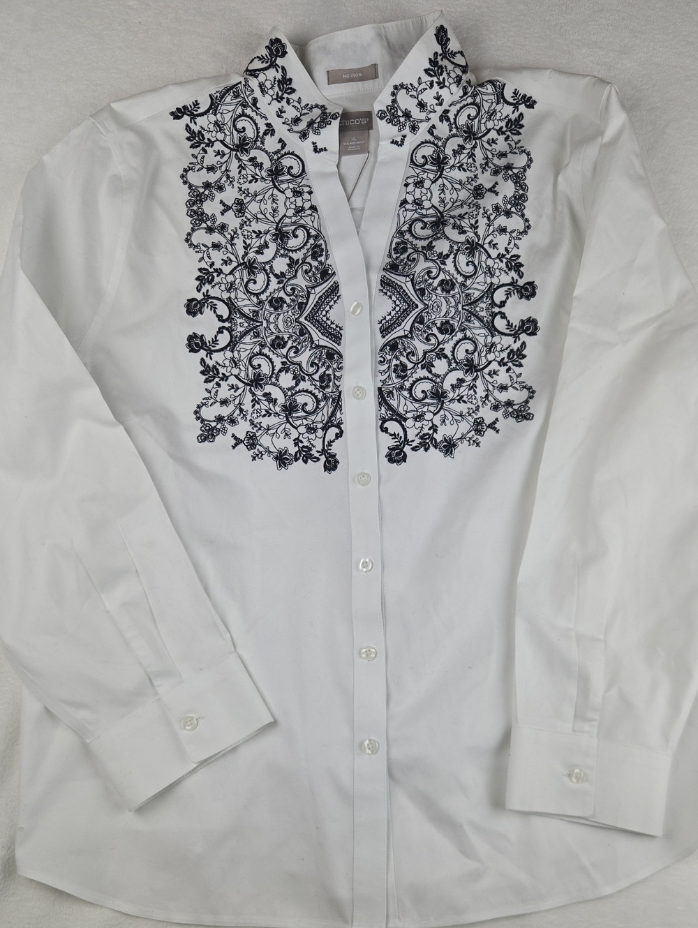 NWT Chico Embroidered Effortless Optic White Button Top Size 4